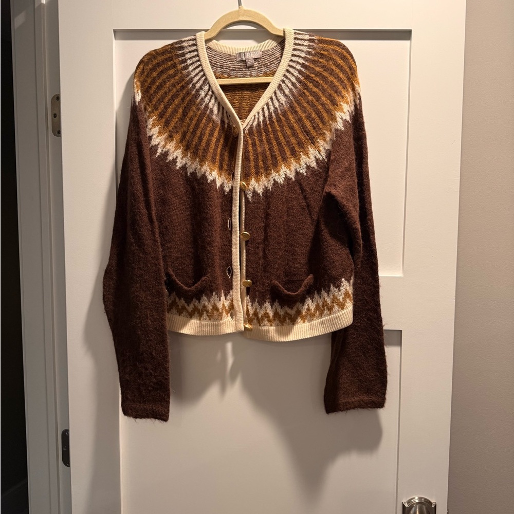 J. Crew Fairisle Brown and Cream Cardigan Sweater with Gold Buttons